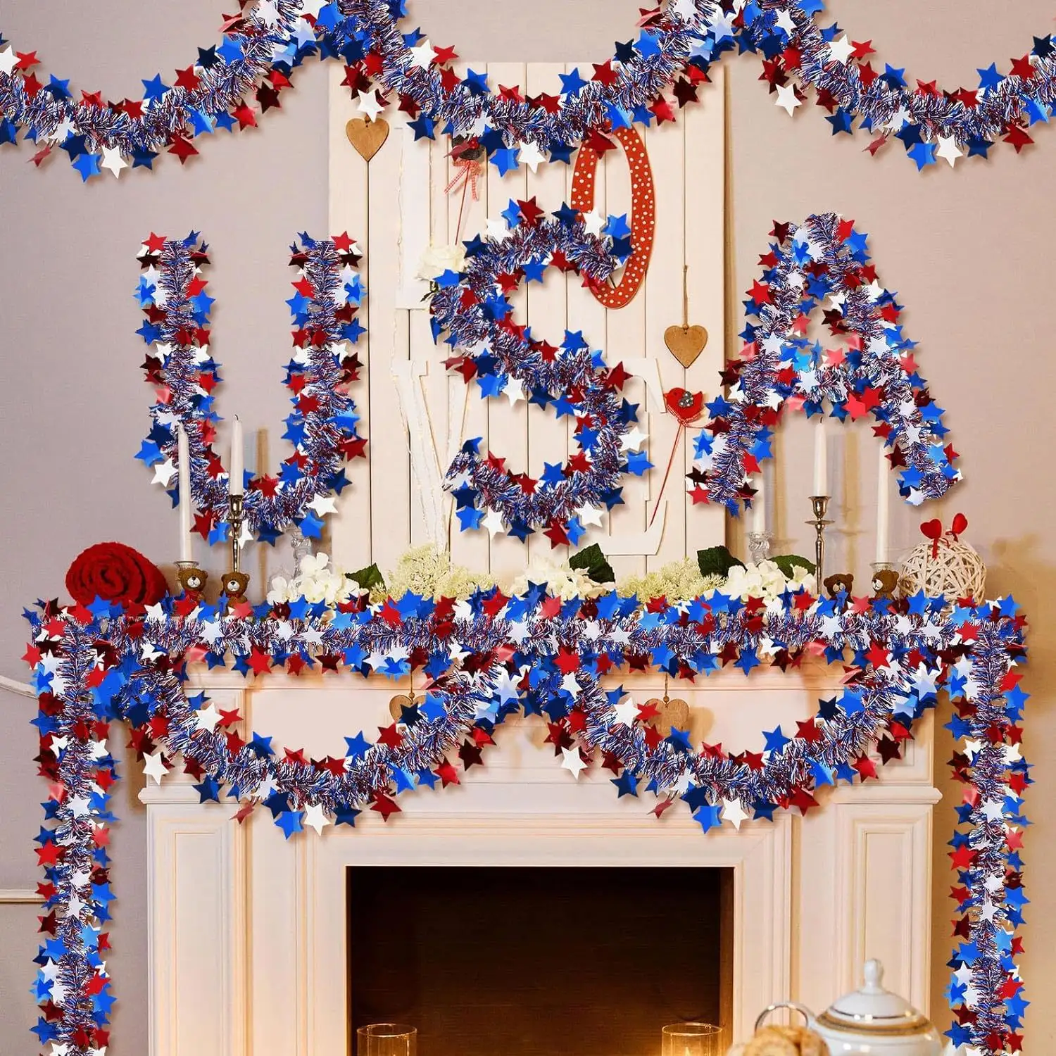 4th of July Decorative Streamers - Red White Blue Fringed Paper Garlands with Star Motif for Party Venue Decoration