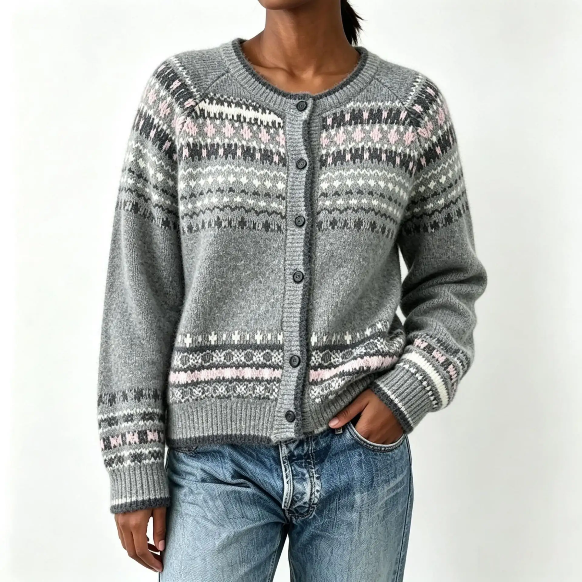Womens Crew-Neck Loose-Fit Color-Block Single-Breasted Sweater Coat