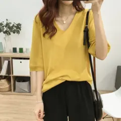 Loose Mori Girl Idle Style Drape Super Fairy Ice Silk Sweater - Turmeric - View 1