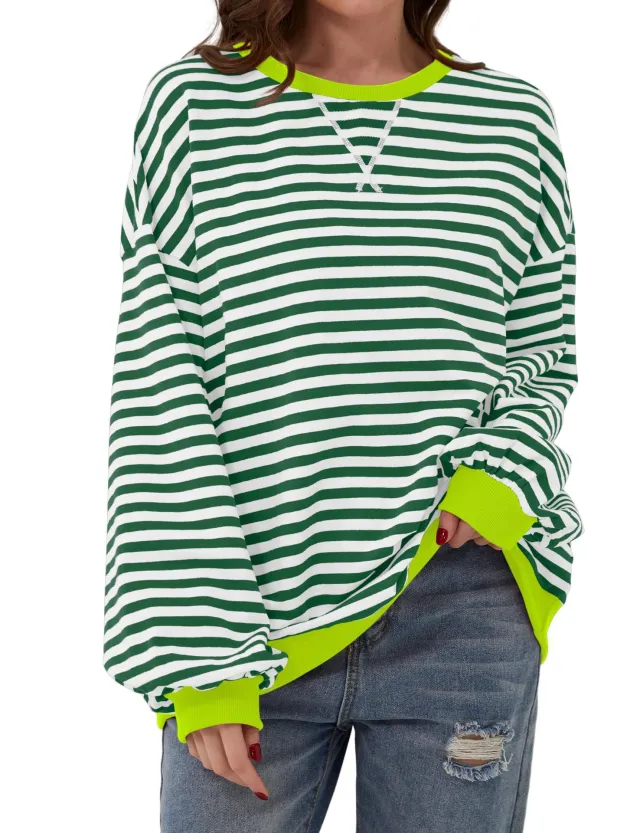 Simple Home Striped Pattern Round Neck Top Green - Shop at LoveMi