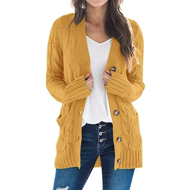 Women's Casual Cardigan Coat Solid Color Twist Button Cardigan Sweater Yellow - Shop at LoveMi