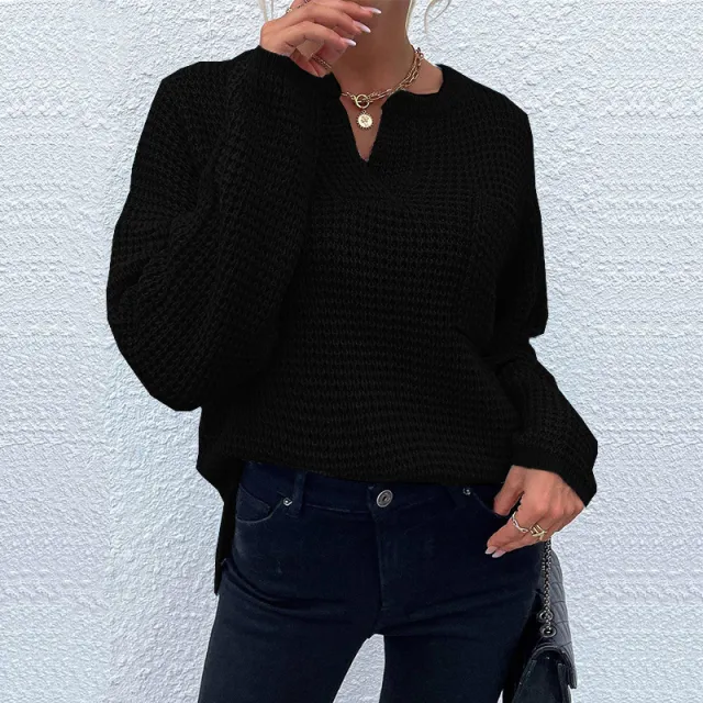Women's Top Knitted Pullover Long Sleeve V neck Pocket Solid Color Sweater Black - Shop at LoveMi