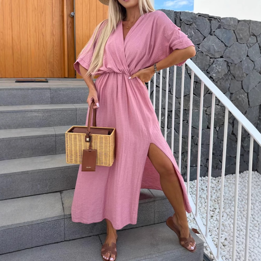 Solid Color And V-neck Chest-wrapped Dress 5-point Sleeve Vacation Style