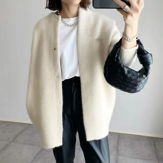 Loose Round Neck Single Breasted Cardigan Fashion Solid Color Coat Jacket Autumn And Winter Women's Clothing Beige - Shop at LoveMi