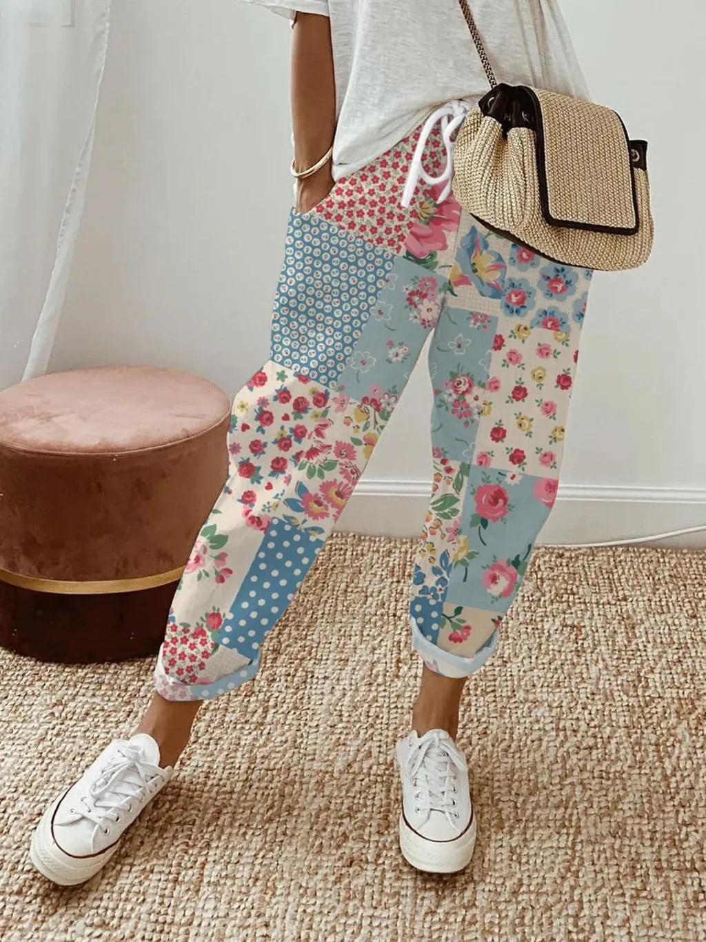 Women's Creative Flower Adjustable Waist Trousers High Waist Straight Pants - 1C242-S