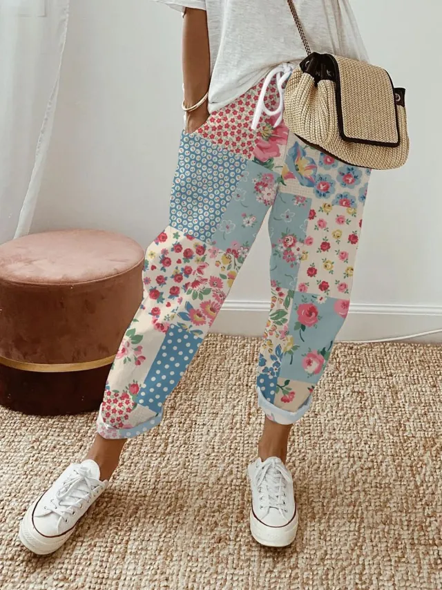 Women's Creative Flower Adjustable Waist Trousers High Waist Straight Pants 1C242 S - Shop at LoveMi