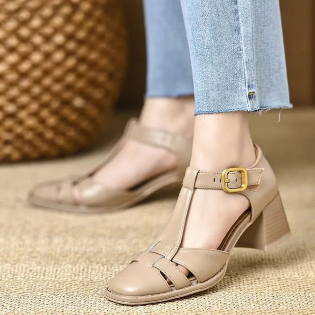 Women's Chunky Heel Hollow Buckle Pig Cage Closed Toe Sandals Apricot - Shop at LoveMi