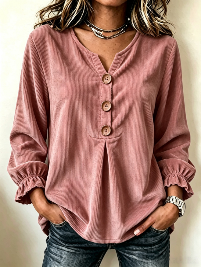 Women's long-sleeve corduroy top – autumn winter lifestyle shot