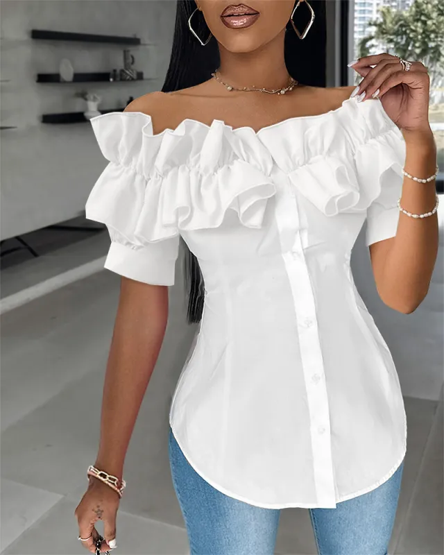 Clothing New Sweater Fashion Off shoulder Ruffled Short Sleeves Shirt White - Shop at LoveMi