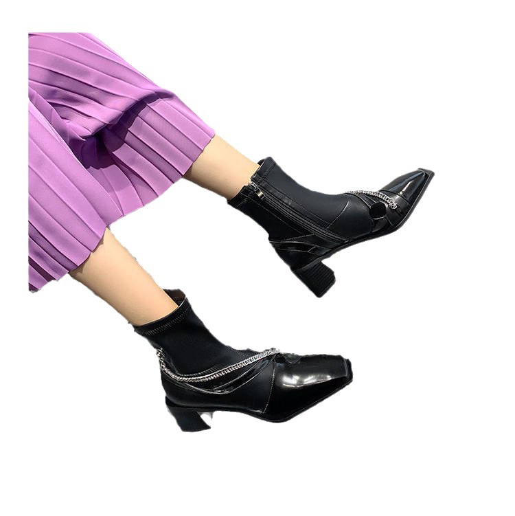 Soft Leather Square Toe Chunky Heel Short Boots Women