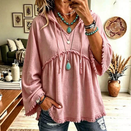 Autumn Relaxed-fit Casual Top With Drawstring Three-quarter Sleeves