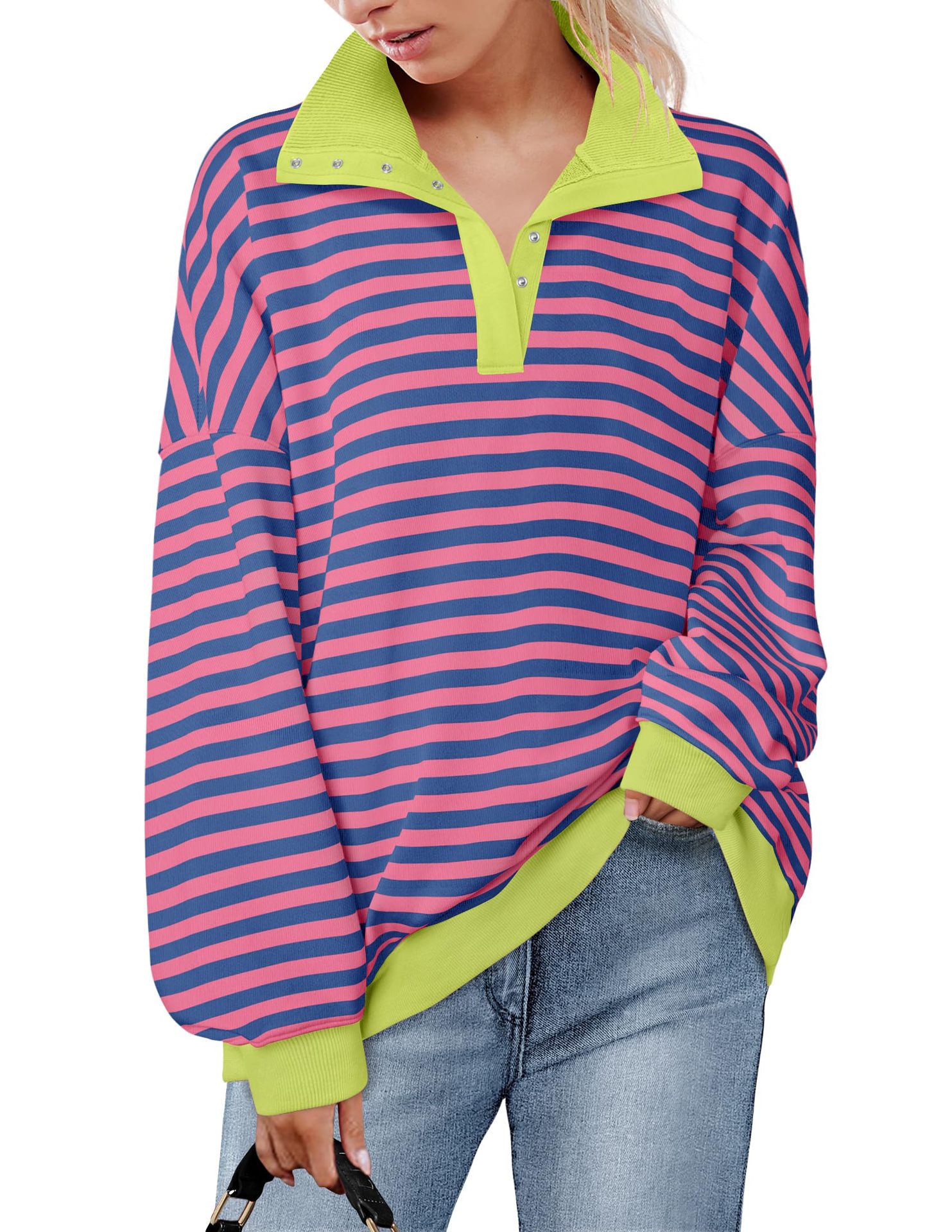 Casual Polo Collar Button Striped Sweater For Women Fluorescent Yellow - Shop at LoveMi