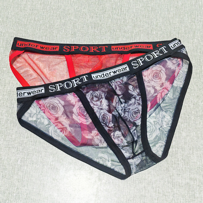 Printed Mesh Rose Men's High-slit G-string Panties See-through