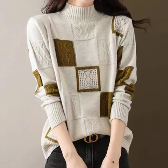 Women's High grade Color Matching Plaid Sweater White - Shop at LoveMi