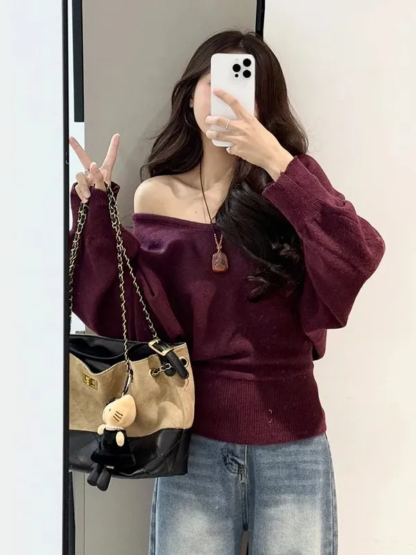 Lazy Style V neck Batwing Sleeve Knitwear Women's Autumn And Winter Red - Shop at LoveMi