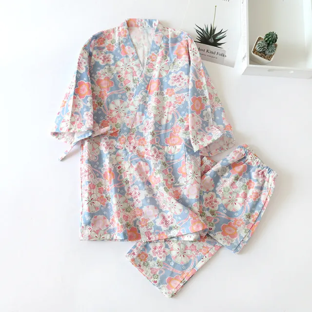 34 Sleeve Kimono Pajamas Ladies Two piece Set Blue - Shop at LoveMi