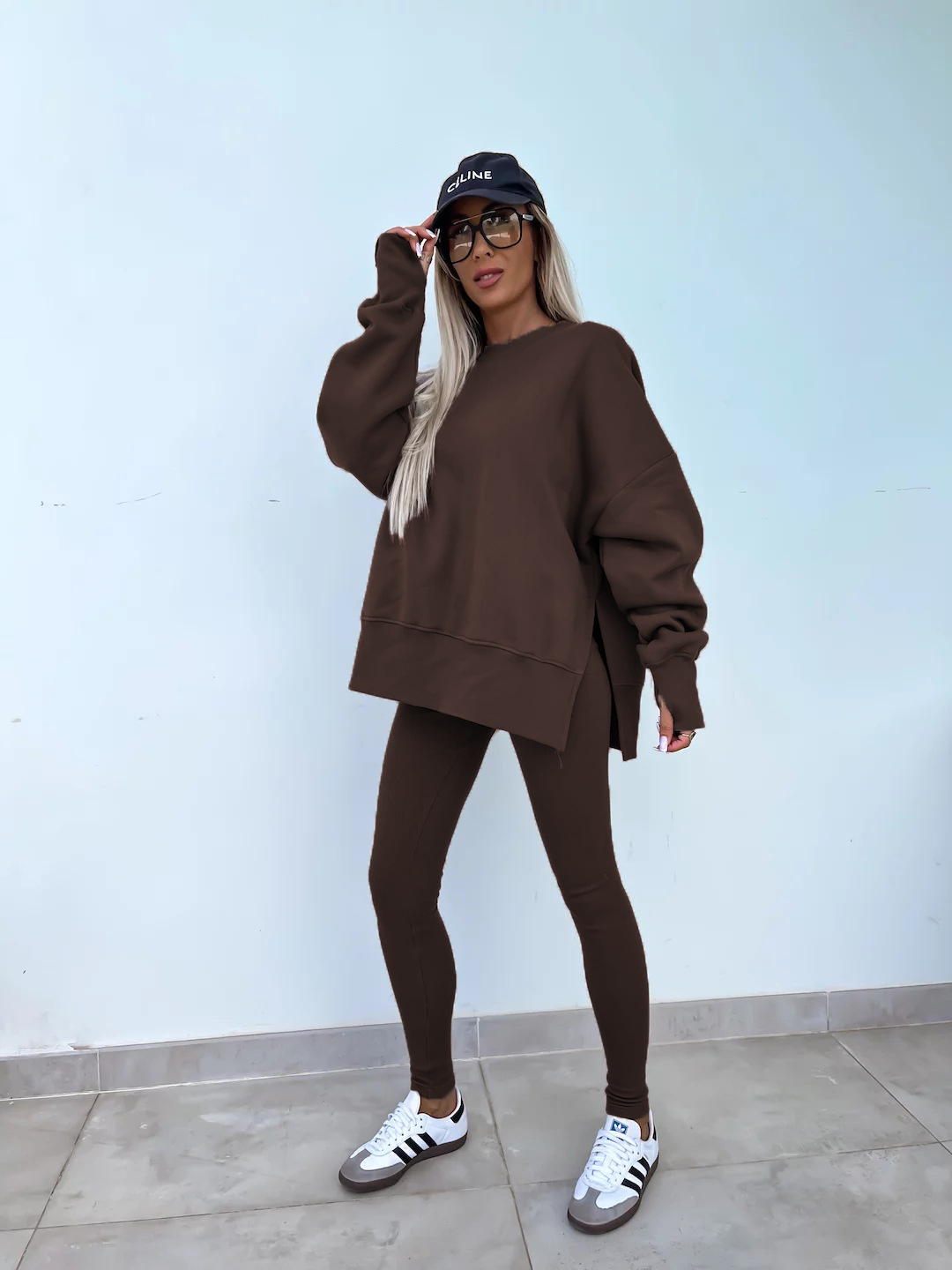 Casual Loose Sweater Suit with Tight Trousers. Product information: Color: apricot, red, khaki, pink, blue, purple, orange, green, black Sleeve type: regular sleeve Pants length: trousers Main fabric composition: Polyester (polyester fiber) Size: S,M,L,XL