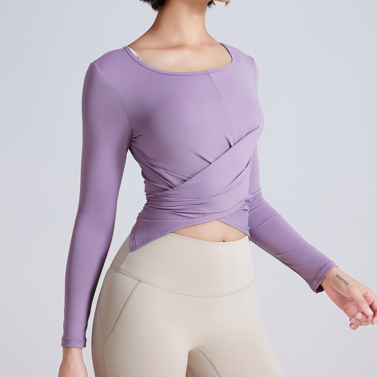 Cross Button Slim Fit Thin Yoga Wear Long Sleeve Purple - Shop at LoveMi