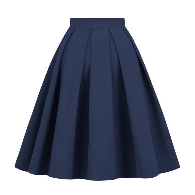Solid Color A Line Waist Fitted Umbrella Swing Mid waist Large Swing All matching Bubble Skirt Navy Blue - Shop at LoveMi