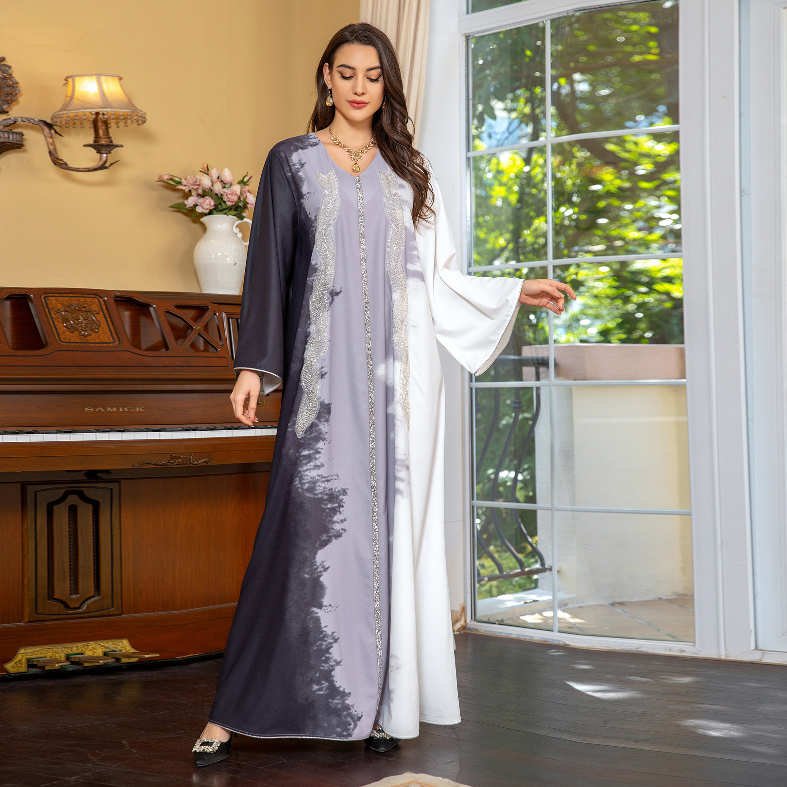 Pearl Embroidery Muslim Dress Tie-dye Rhinestone Robe