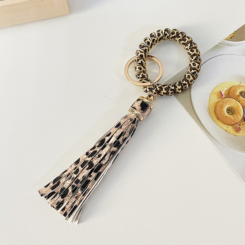 Telephone Line Keychain PU Leopard Tassel Anti-lost Bracelet