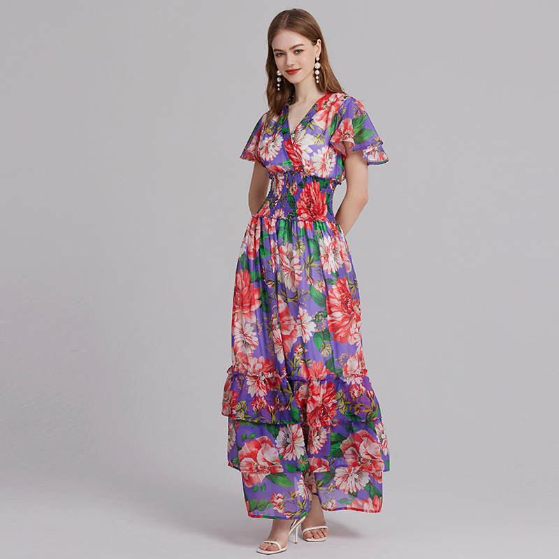 Printed V-Neck Flounce-Sleeve Maxi Dress, picture 5 of 5