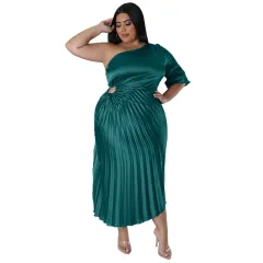 Fashionable And Sexy Off-the-shoulder Drawstring Pleated Dress - Green - View 1