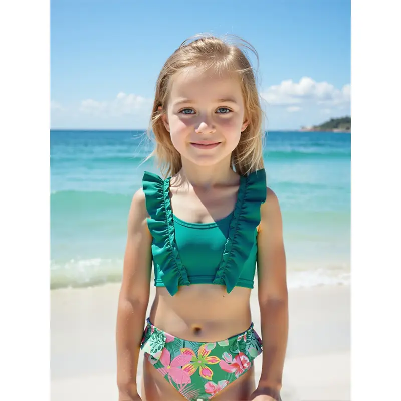 New Style Little Kids Ruffle-Trimmed Solid-Colored Bikini