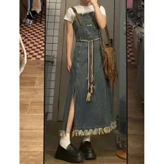 Retro Washed Raw Edge Denim Suspender Skirt - Retro Blue - View 1