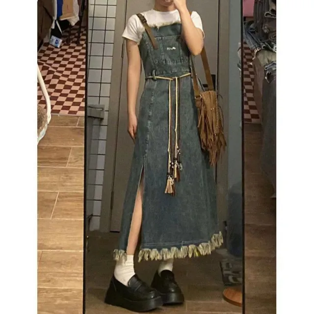 Retro Washed Raw Edge Denim Suspender Skirt Retro Blue - Shop at LoveMi
