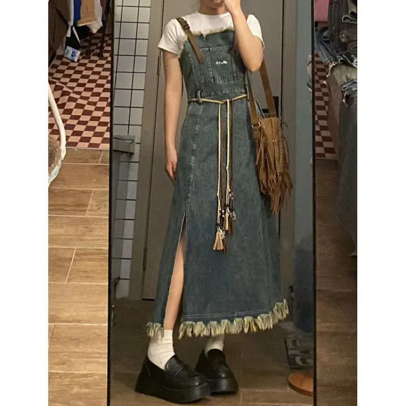 Retro Washed Raw Edge Denim Suspender Skirt - Retro Blue