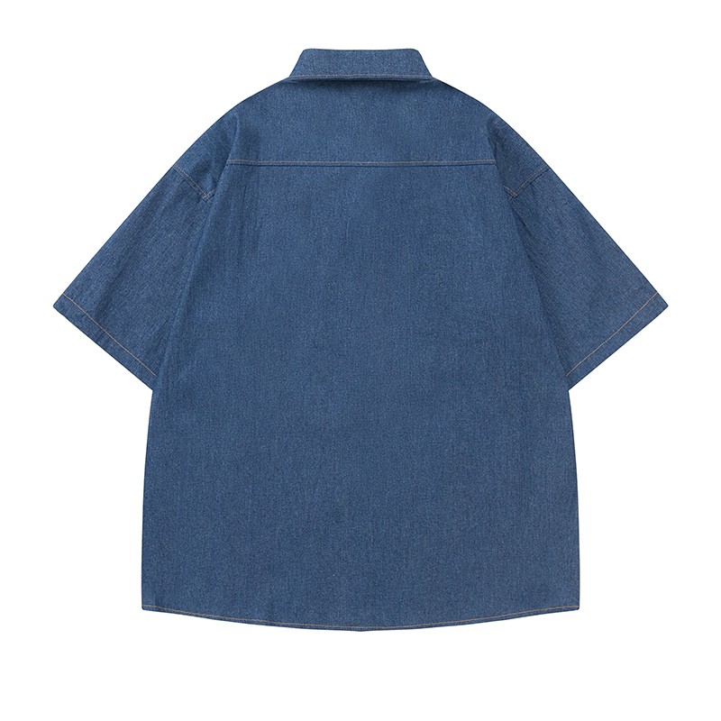 Vintage Floral Embroidered Denim Short Sleeve Shirt