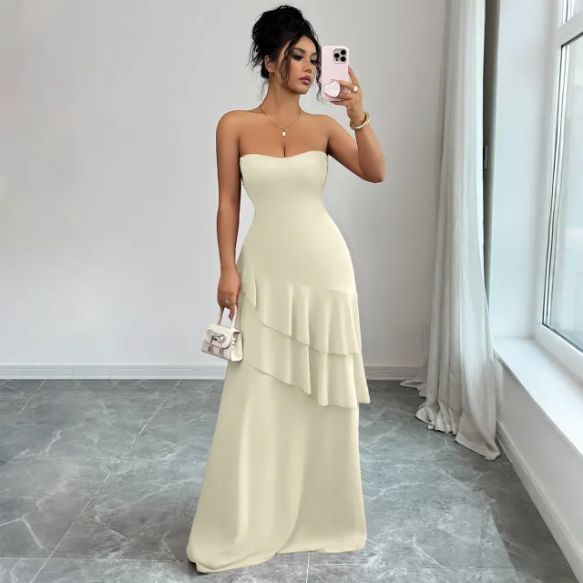 European And American Elegant Style Strapless Cake Skirt Dress Women's Clothing Apricot - Shop at LoveMi
