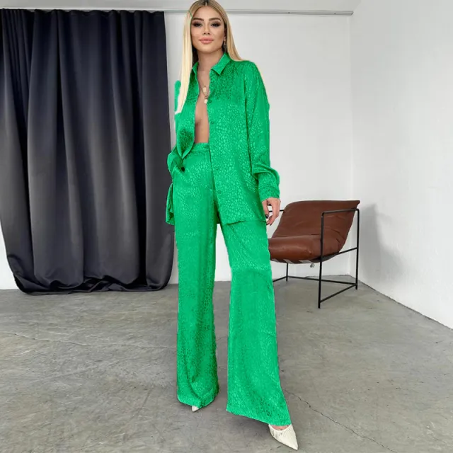European And American Suit Women's Long sleeved Lapel Shirt Leopard Print Trousers Fashion Casual Two piece Suit Leopard - Shop at LoveMi
