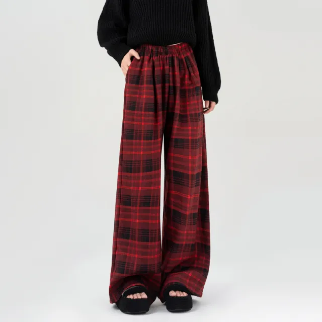 Retro Style Red Plaid Straight Casual Pants Red - Shop at LoveMi