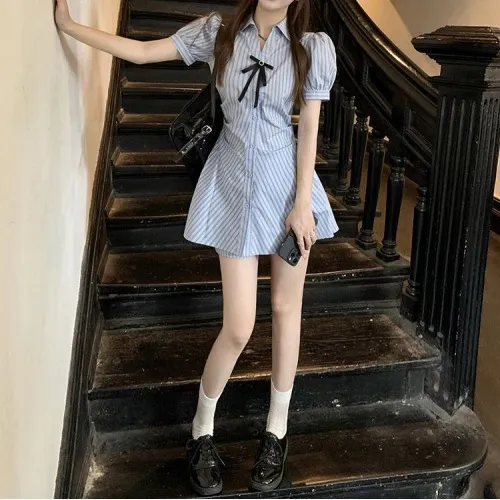 Striped Short Sleeve Dress Women's Summer Design Tight Waist Slimming Bow A Line Skirt Short Sleeves And Shorts - Shop at LoveMi