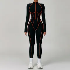 Contrast Color One-piece Quick-drying Yoga Clothes Back Tight Workout Clothes High Strength Sports Running Jumpsuit 9317 - Orange Line Black - View 1