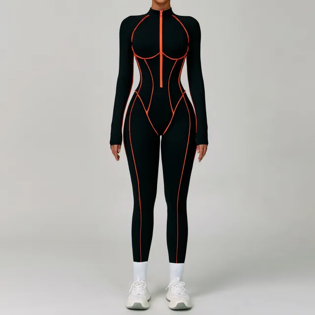 Contrast Color One piece Quick drying Yoga Clothes Back Tight Workout Clothes High Strength Sports Running Jumpsuit 9317 Orange Line Black - Shop at LoveMi