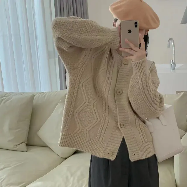 Twist Knitted Cardigan Jacket Design Sense Khaki - Shop at LoveMi
