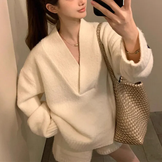 Simple Lazy Fashion Knitted Shorts Suit Beige - Shop at LoveMi
