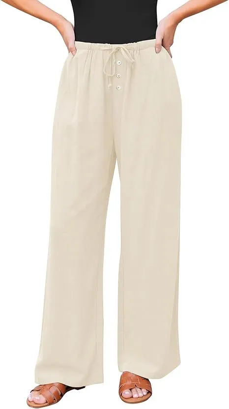 High Waist Button Drawstring Loose Casual Summer Wide leg Pants With Pockets Apricot - Shop at LoveMi