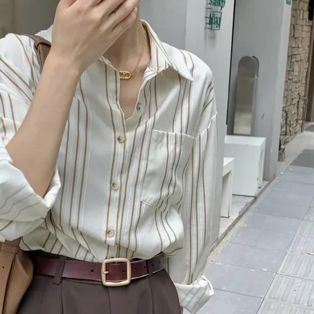 Casual Retro British Striped Handsome Shirt Coffee - Shop at LoveMi