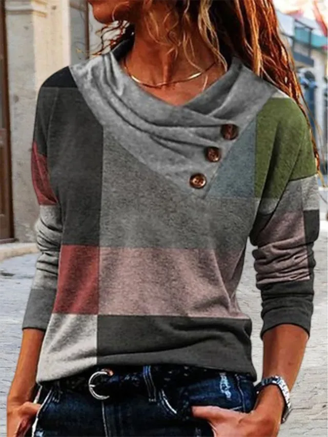 Women's Button Top Square Printed V neck Loose Casual Long Sleeves T shirt Sq1061 M - Shop at LoveMi