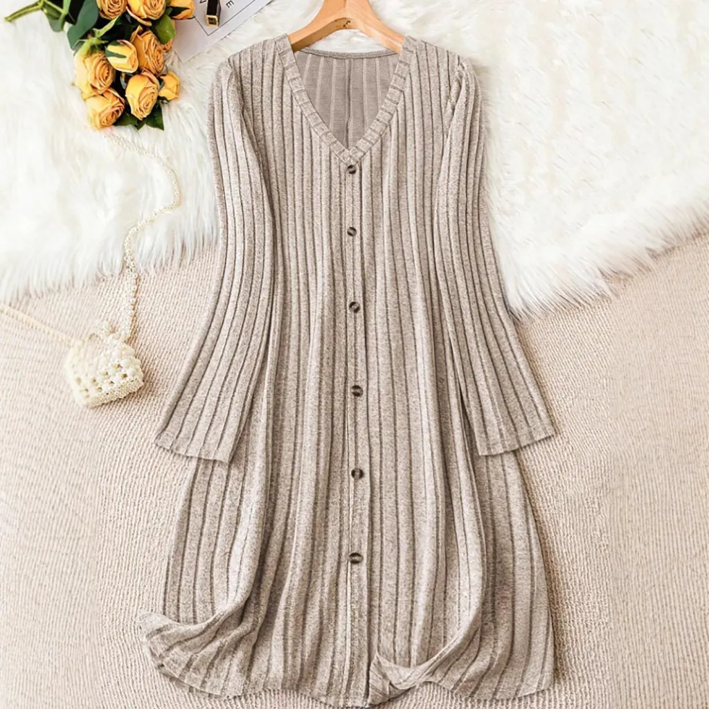 Solid-color V-neck Long-sleeve Versatile Dress - Khaki