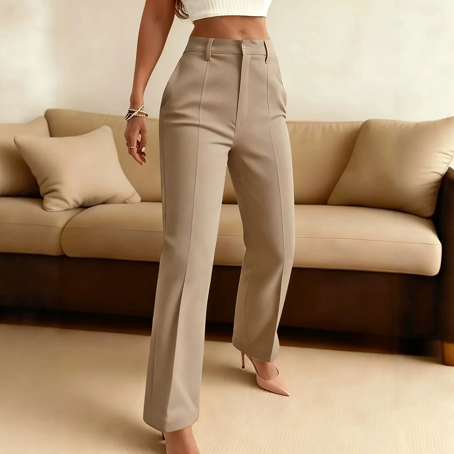 Womens Pleated Casual High-Waisted Solid-Color Slim-Fit Suit