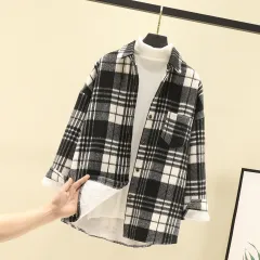 Japanese Woolen Cardigan Coat Fleece Plaid Shirt Women - Black And White - View 1