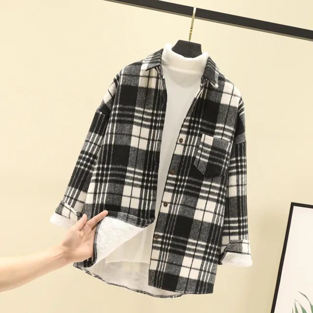 Japanese Woolen Cardigan Coat Fleece Plaid Shirt Women Black And White - Shop at LoveMi