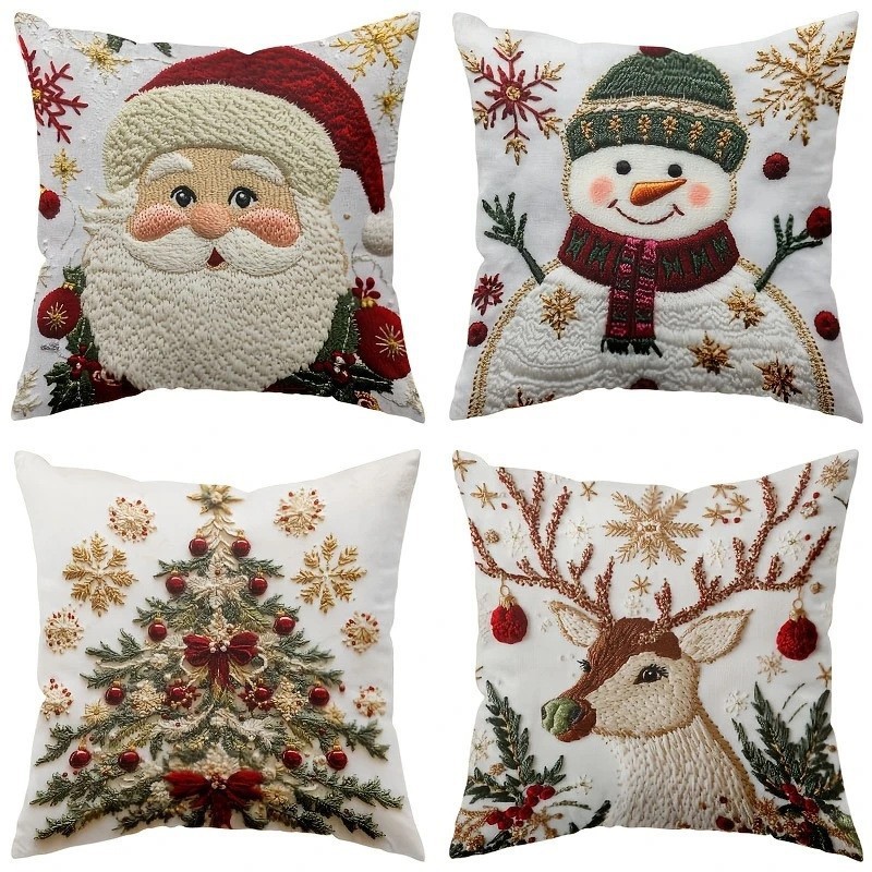 Christmas Pillowcase Set With Christmas Tree, Reindeer, And Snowflake Elements Sofa Cushion Cover