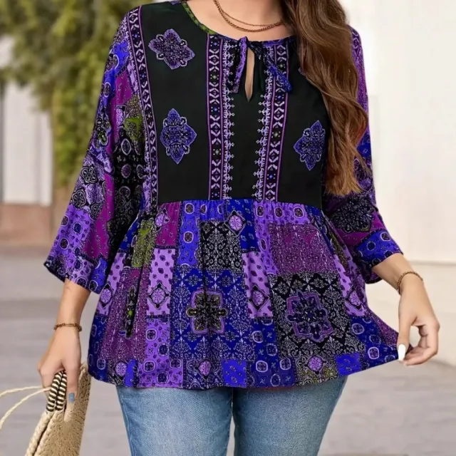 Bohemian print Sweetheart neck Top With Three quarter Sleeves Purple - Shop at LoveMi