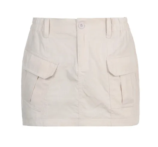 Simple Tooling Style Pocket Stitching Army Green Woven Skirt A Line Skirt Summer White - Shop at LoveMi
